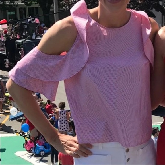 Club Monaco cold shoulder ruffle stripe top. - Picture 9 of 11